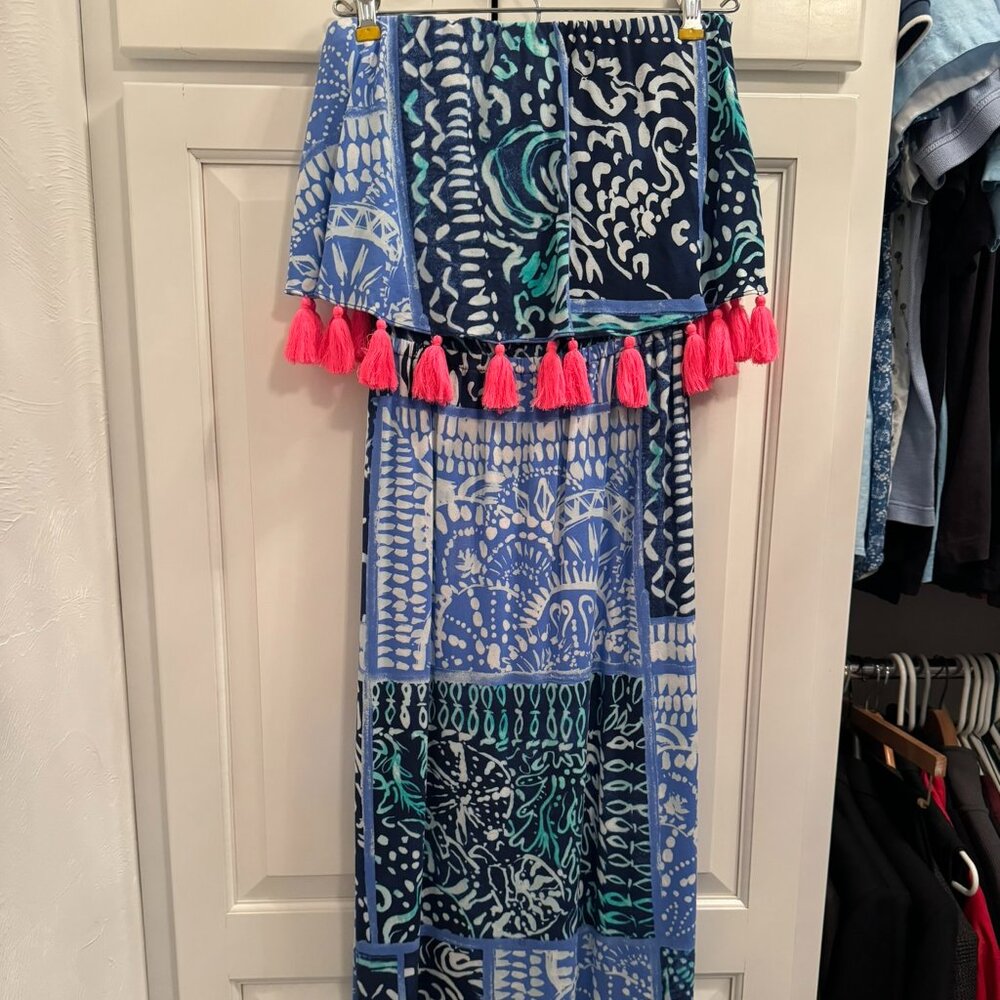 Lily Pulitzer Blue and white strapless maxi dress with tassels #maxi #tassels